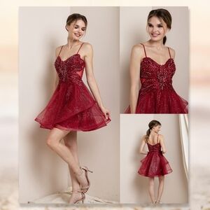Glamorous Red Beaded Mini Dress